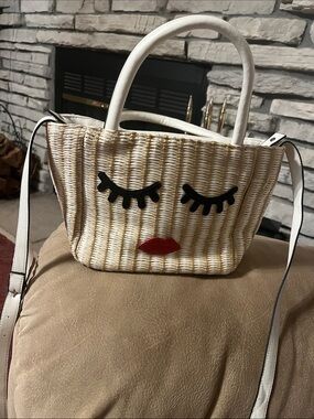 Woven Straw Face Tote Bag with White Trim and Red Lip Accent